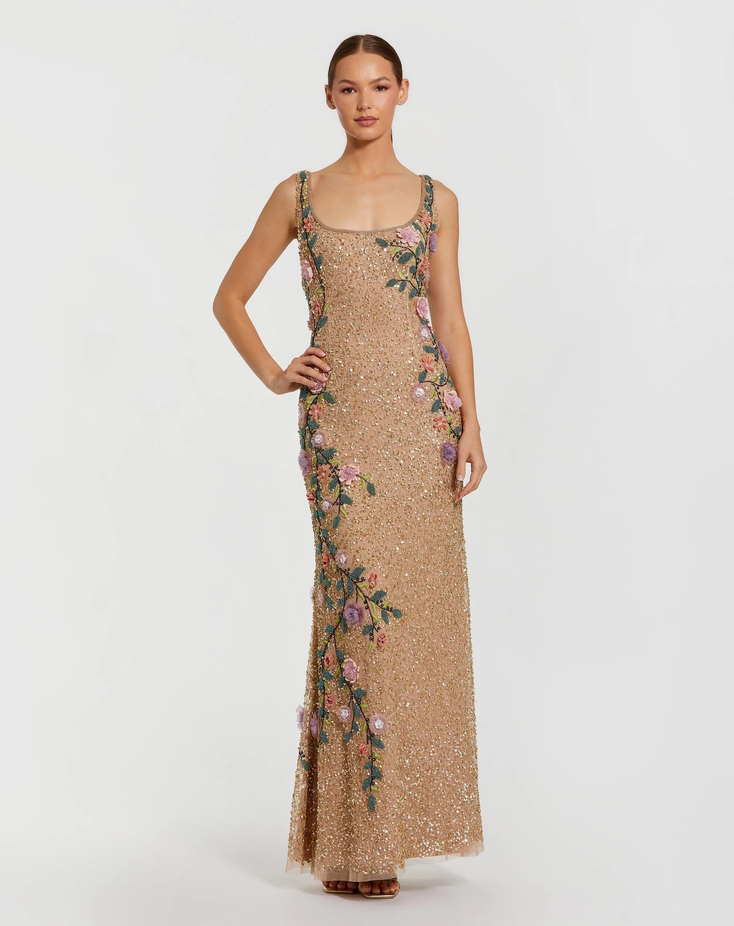 Beige Floral Beaded Mesh Scoop Neck Sleeveless Gown