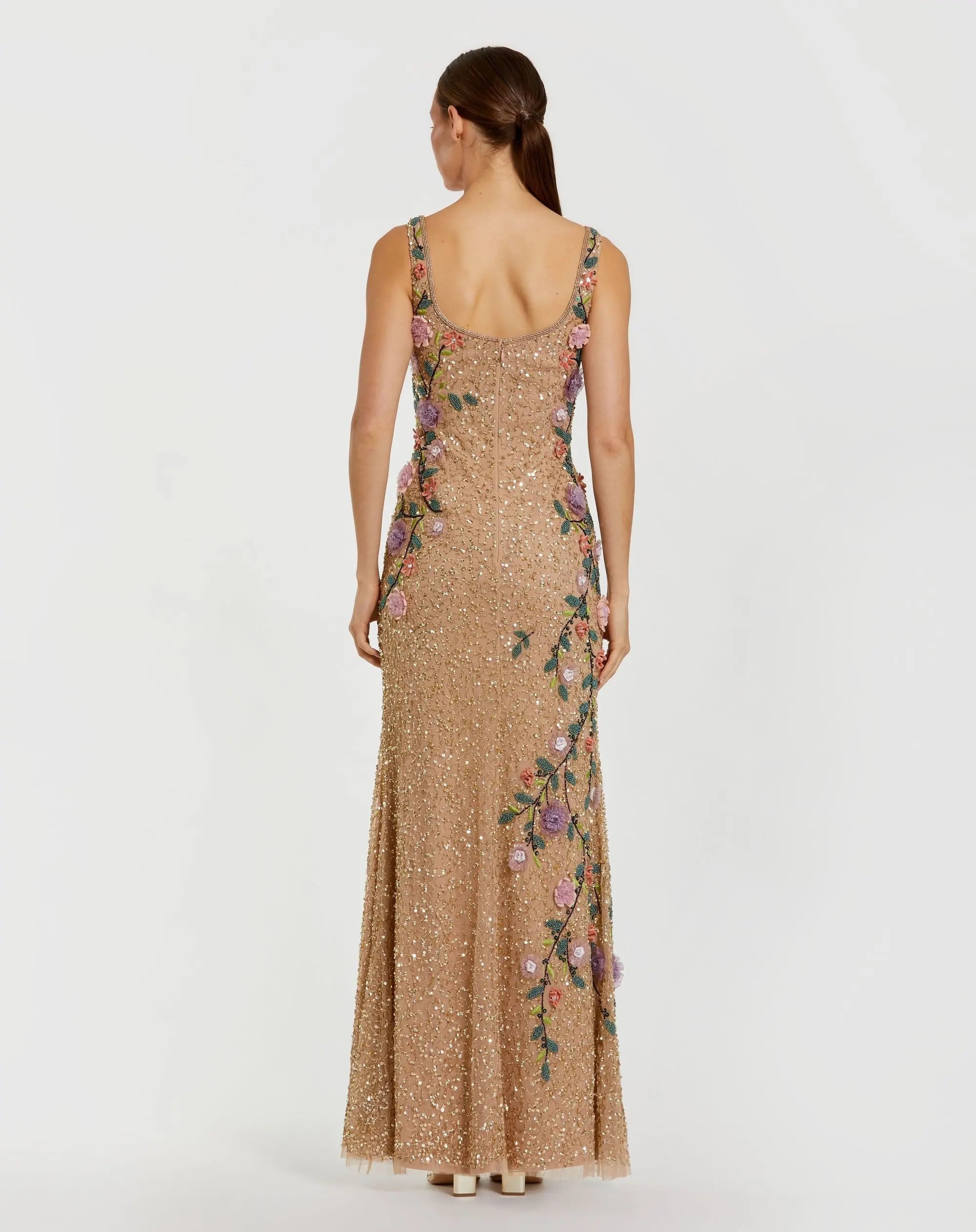 Beige Floral Beaded Mesh Scoop Neck Sleeveless Gown