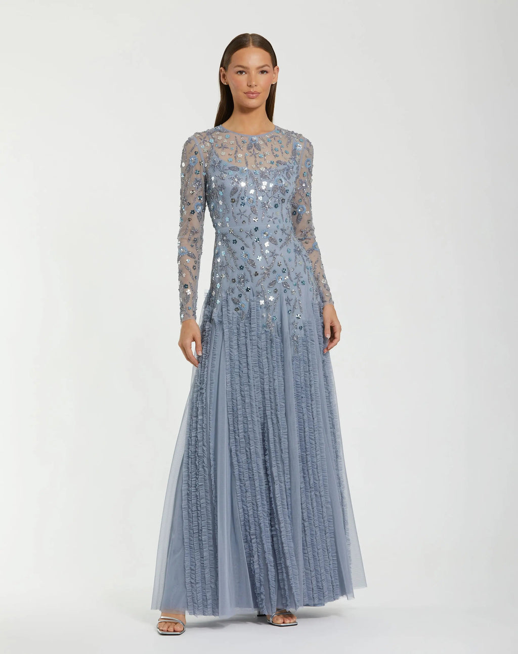 Blue Embellished Long Sleeve Drop Waist Gown