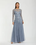 Blue Embellished Long Sleeve Drop Waist Gown