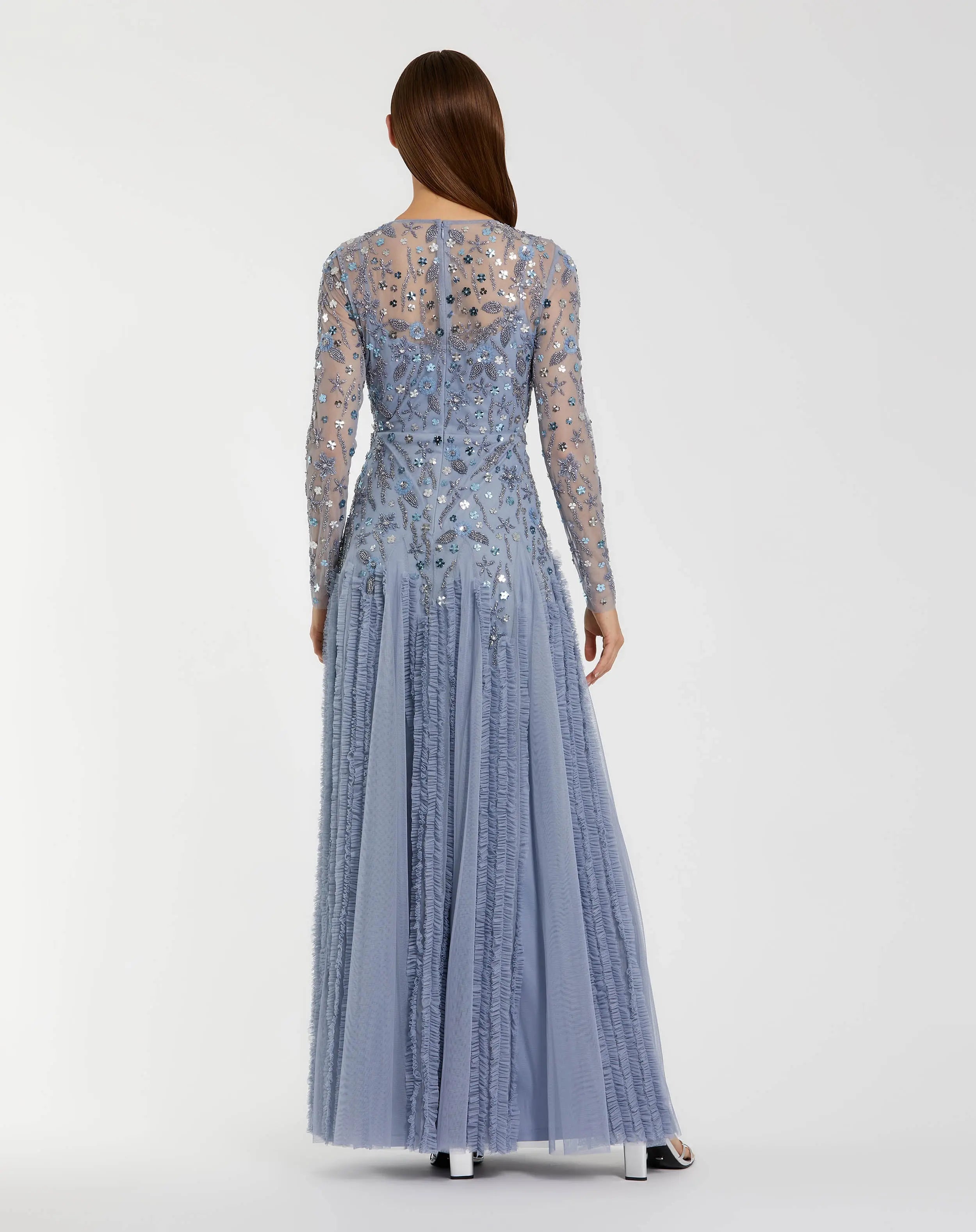 Blue Embellished Long Sleeve Drop Waist Gown