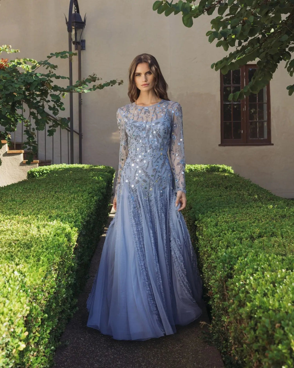 Blue Embellished Long Sleeve Drop Waist Gown