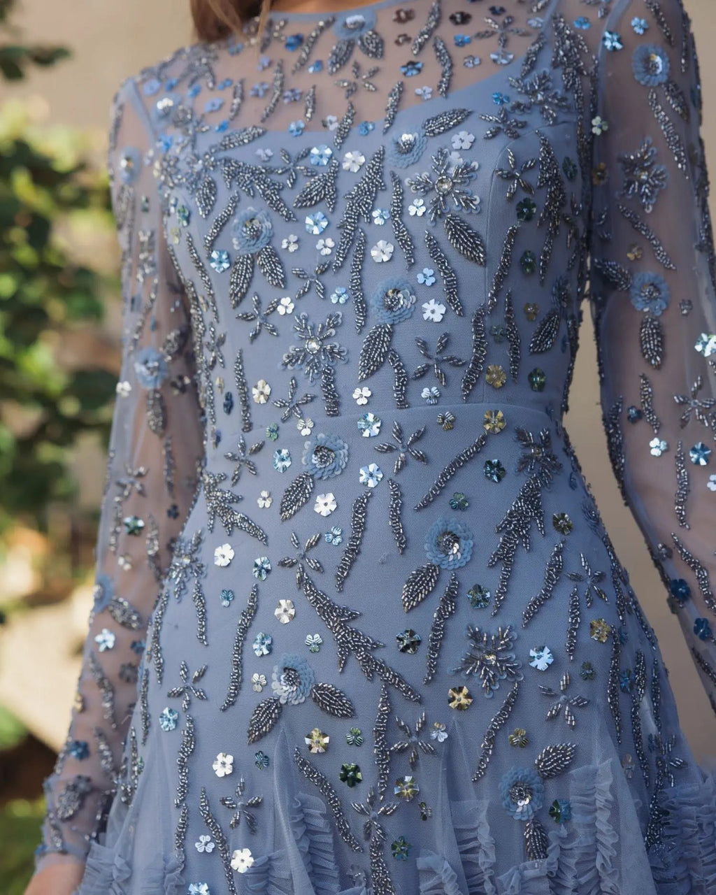 Blue Embellished Long Sleeve Drop Waist Gown