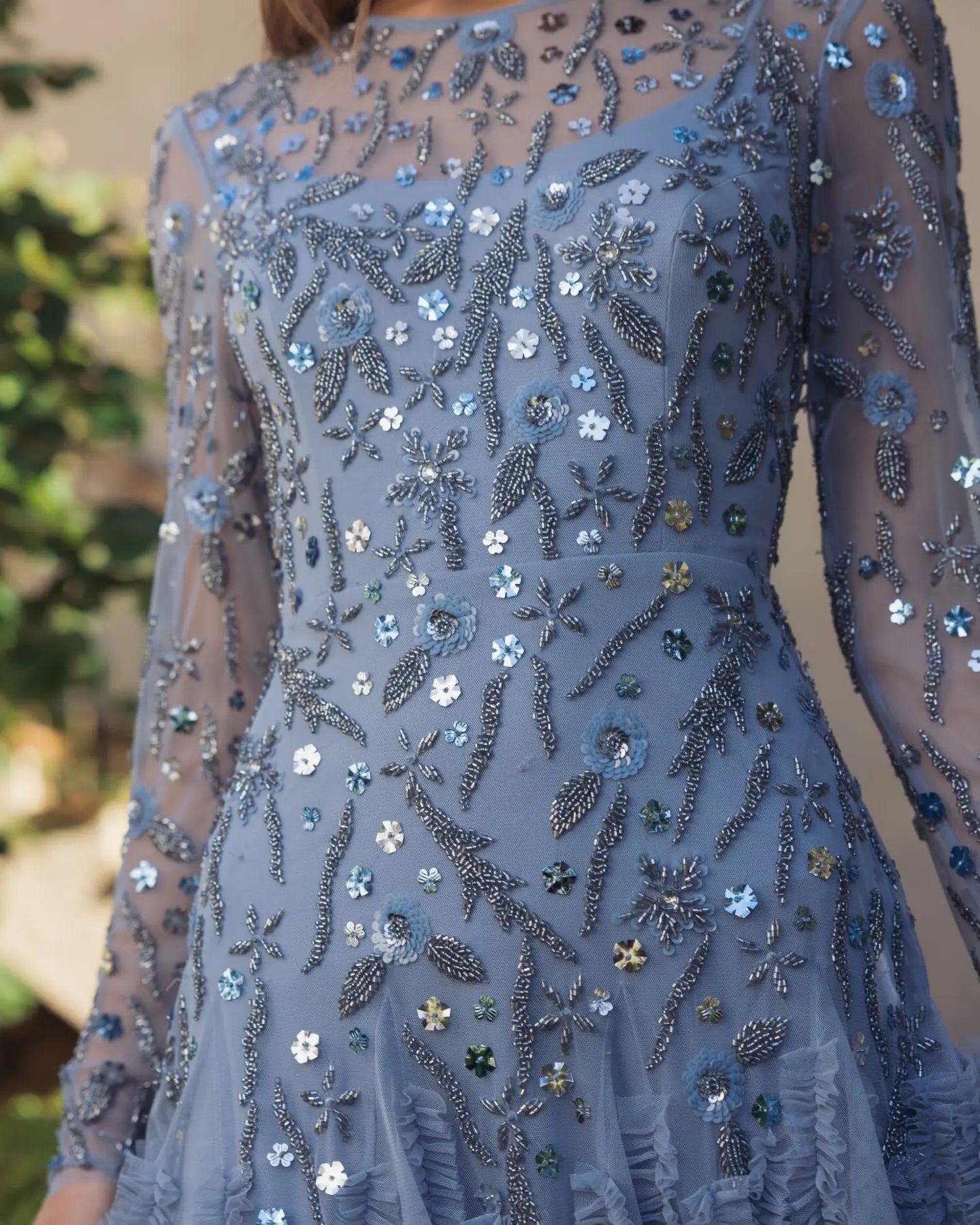 Blue Embellished Long Sleeve Drop Waist Gown