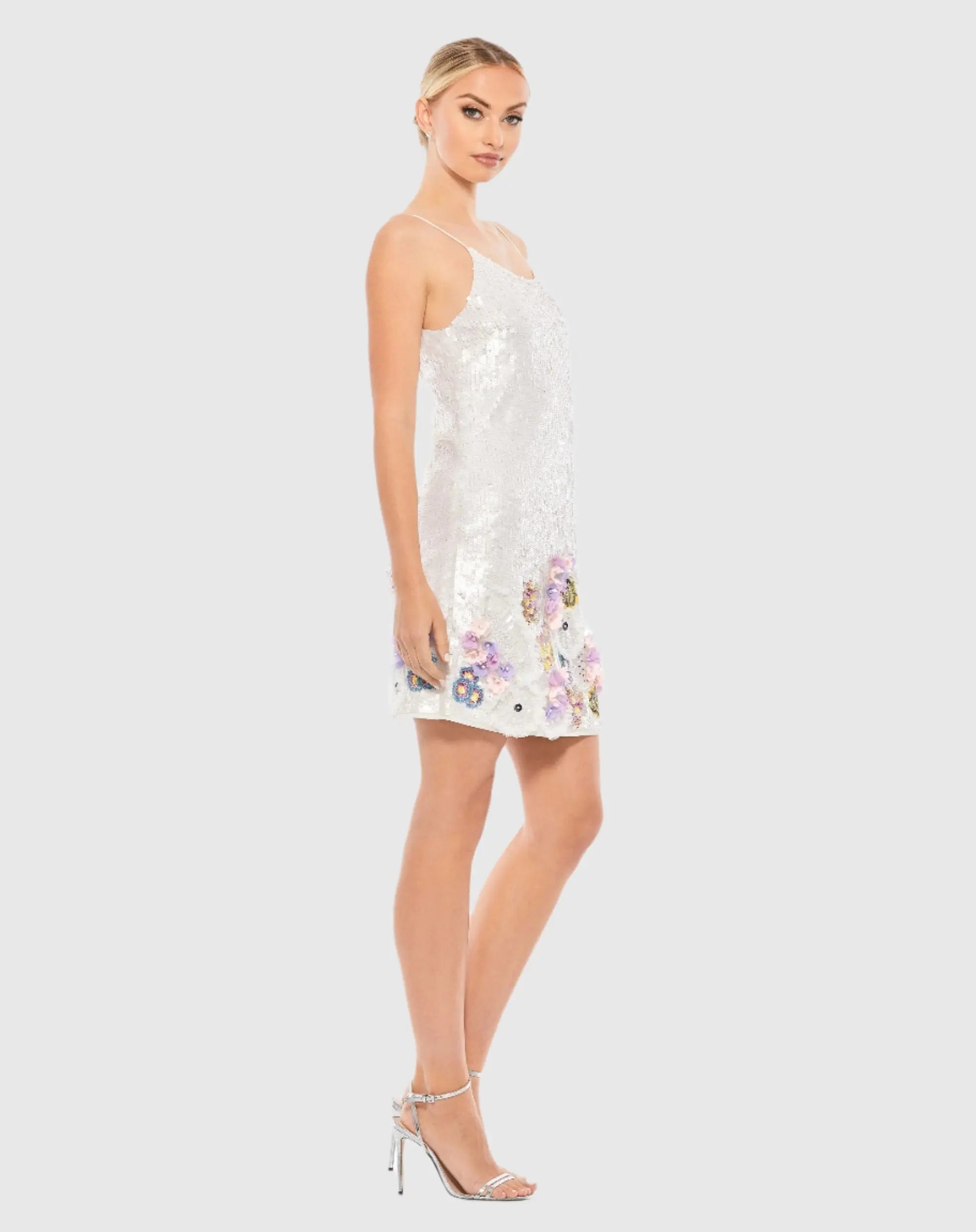 White Sequined Mixed Media Floral Embellished Mini Dress