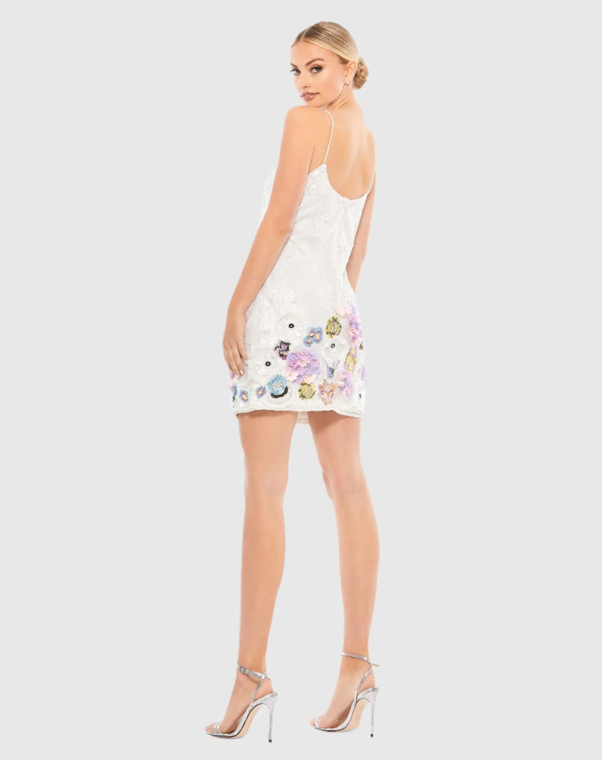 White Sequined Mixed Media Floral Embellished Mini Dress