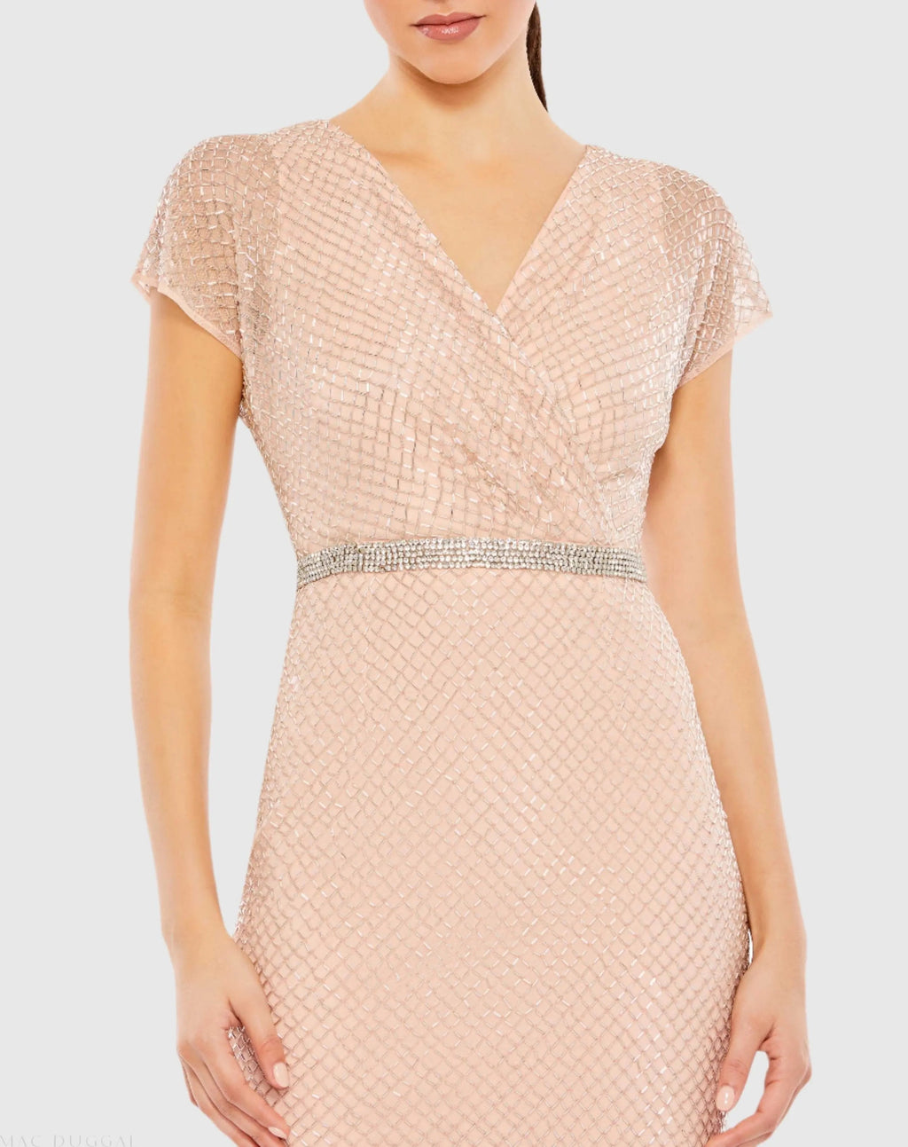 Pink Beaded Wrap V-Neck Cap Sleeve Dress