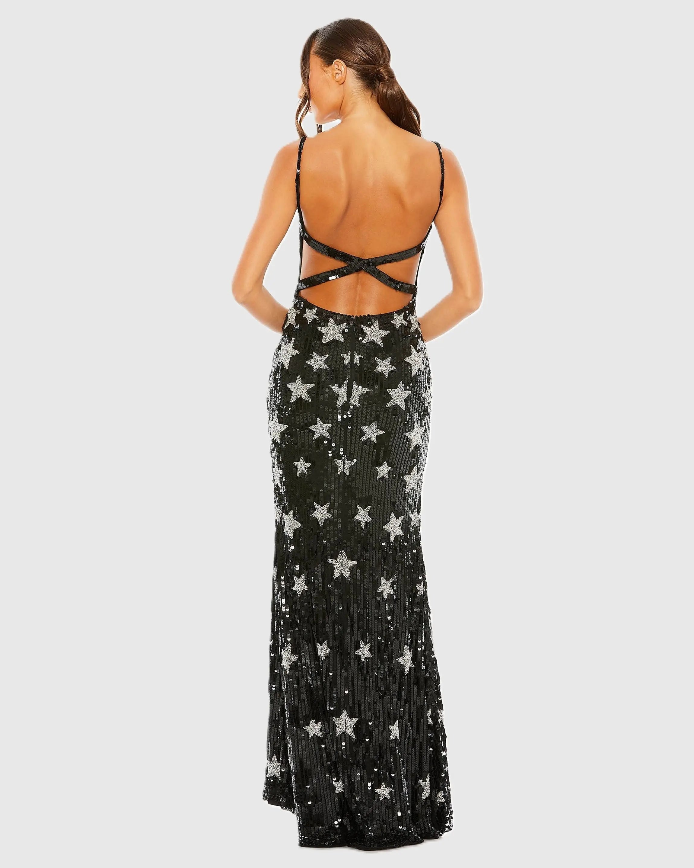 Black Star Embellished Sleeveless Sequin Gown
