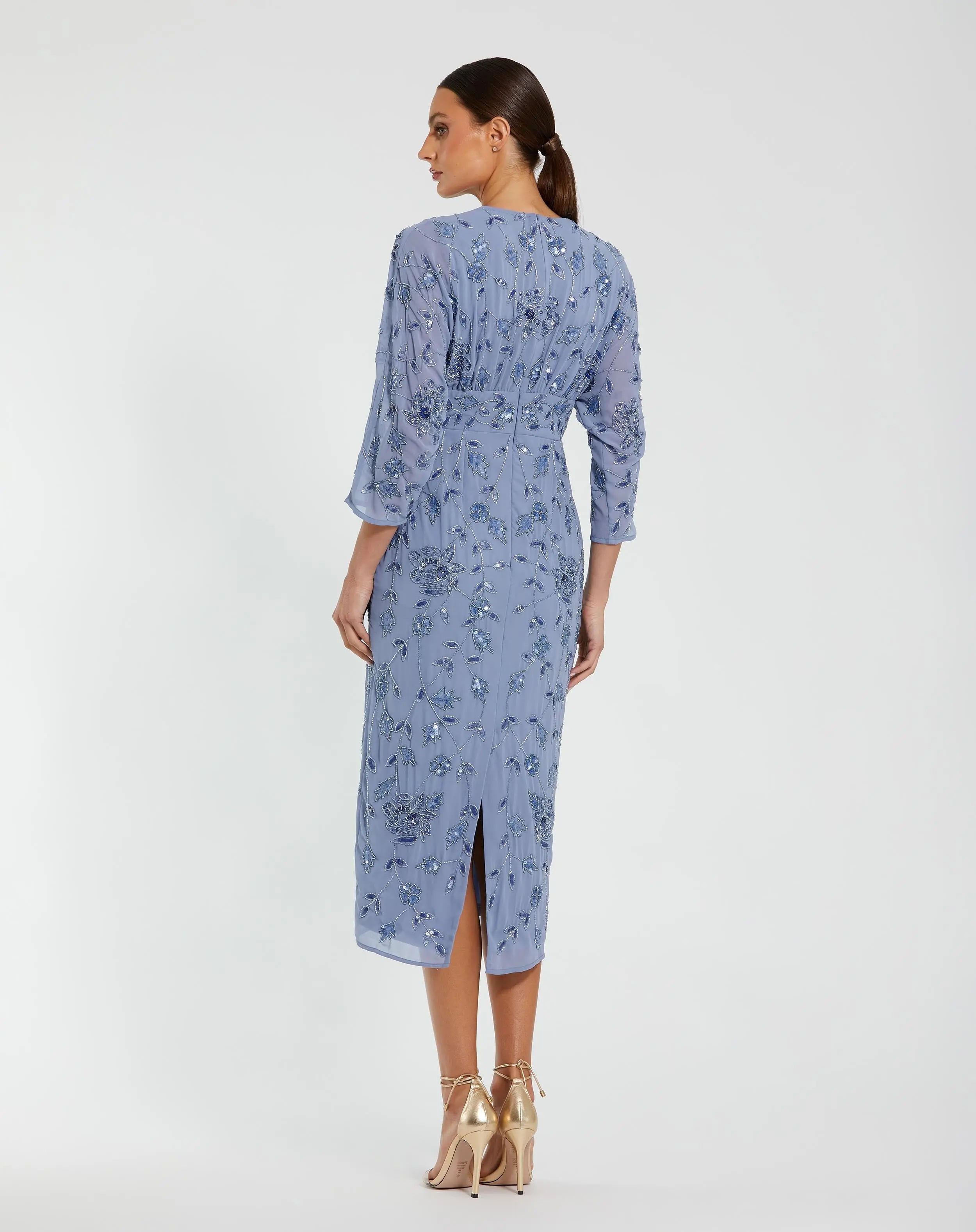 Blue Floral Embellished Midi Dress with 3/4 Sleeves