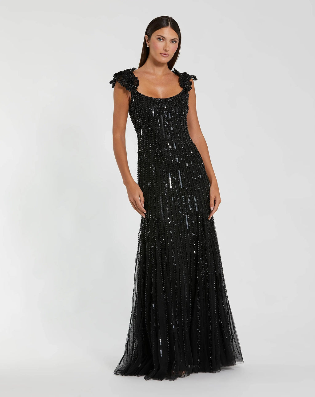 Black Embellished Sleeveless Gown With Floral Shoulder Detail
