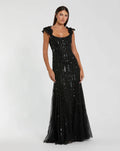 Black Embellished Sleeveless Gown With Floral Shoulder Detail