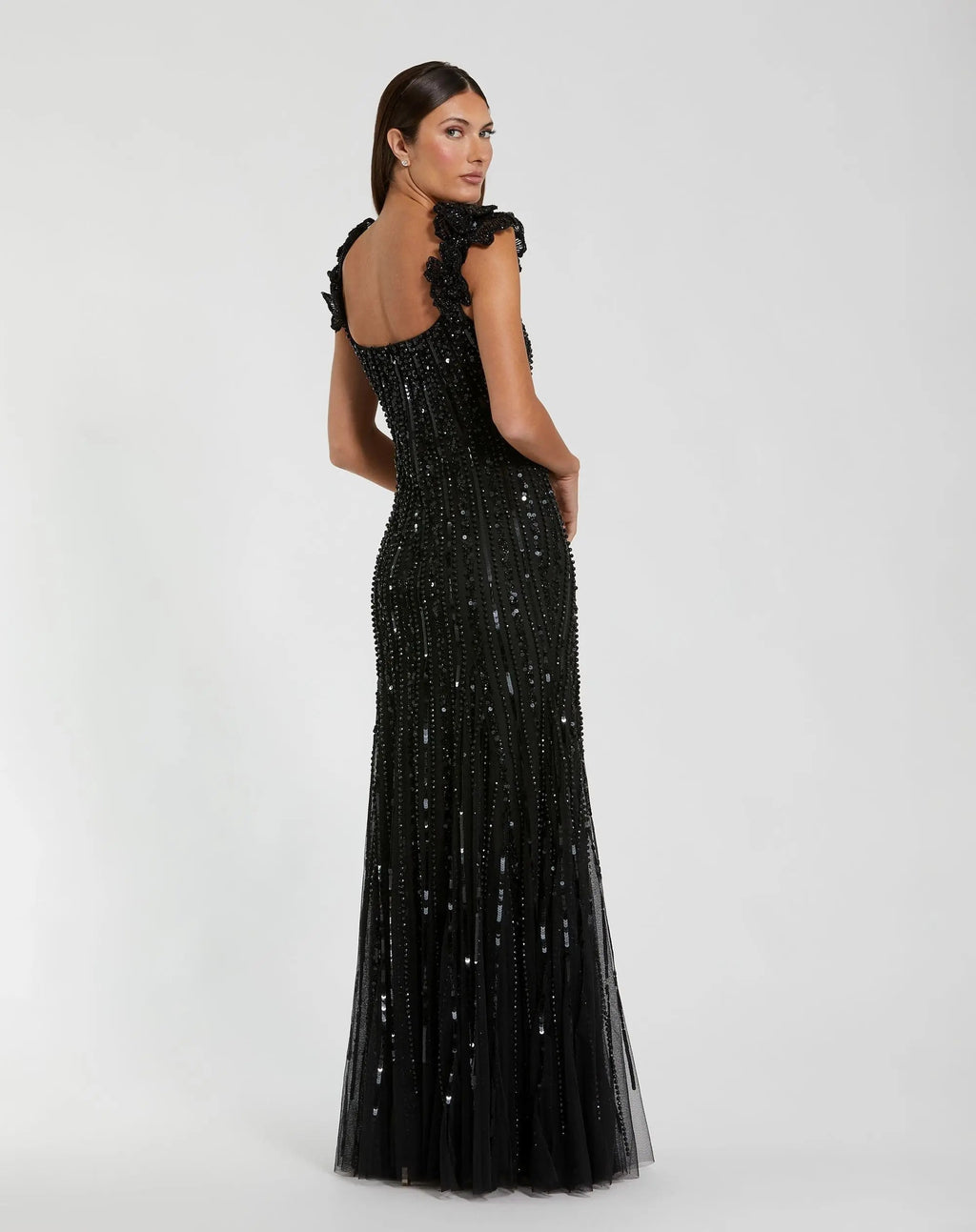 Black Embellished Sleeveless Gown With Floral Shoulder Detail