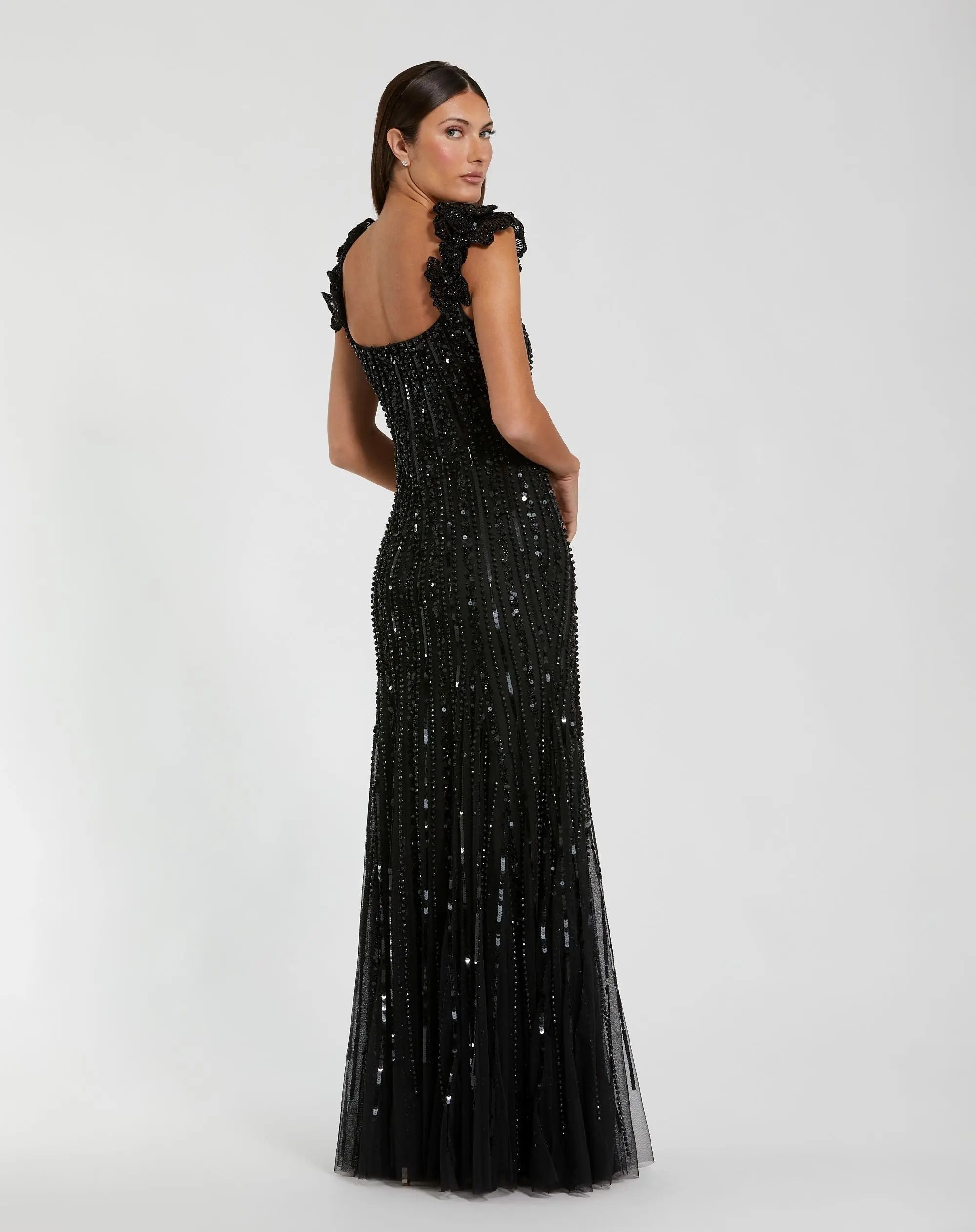 Black Embellished Sleeveless Gown With Floral Shoulder Detail