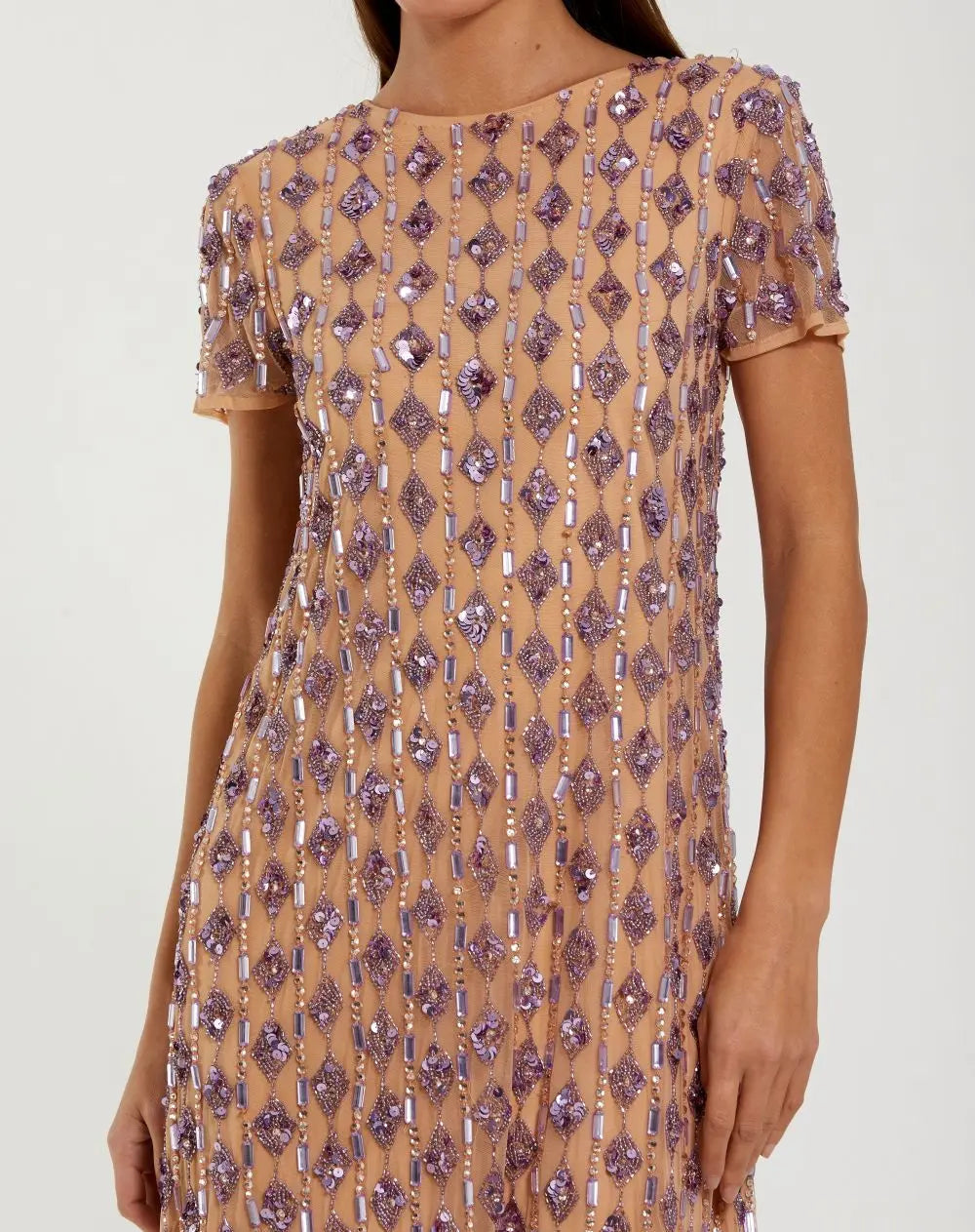 Beige and Purple Short Beaded Shift Dress