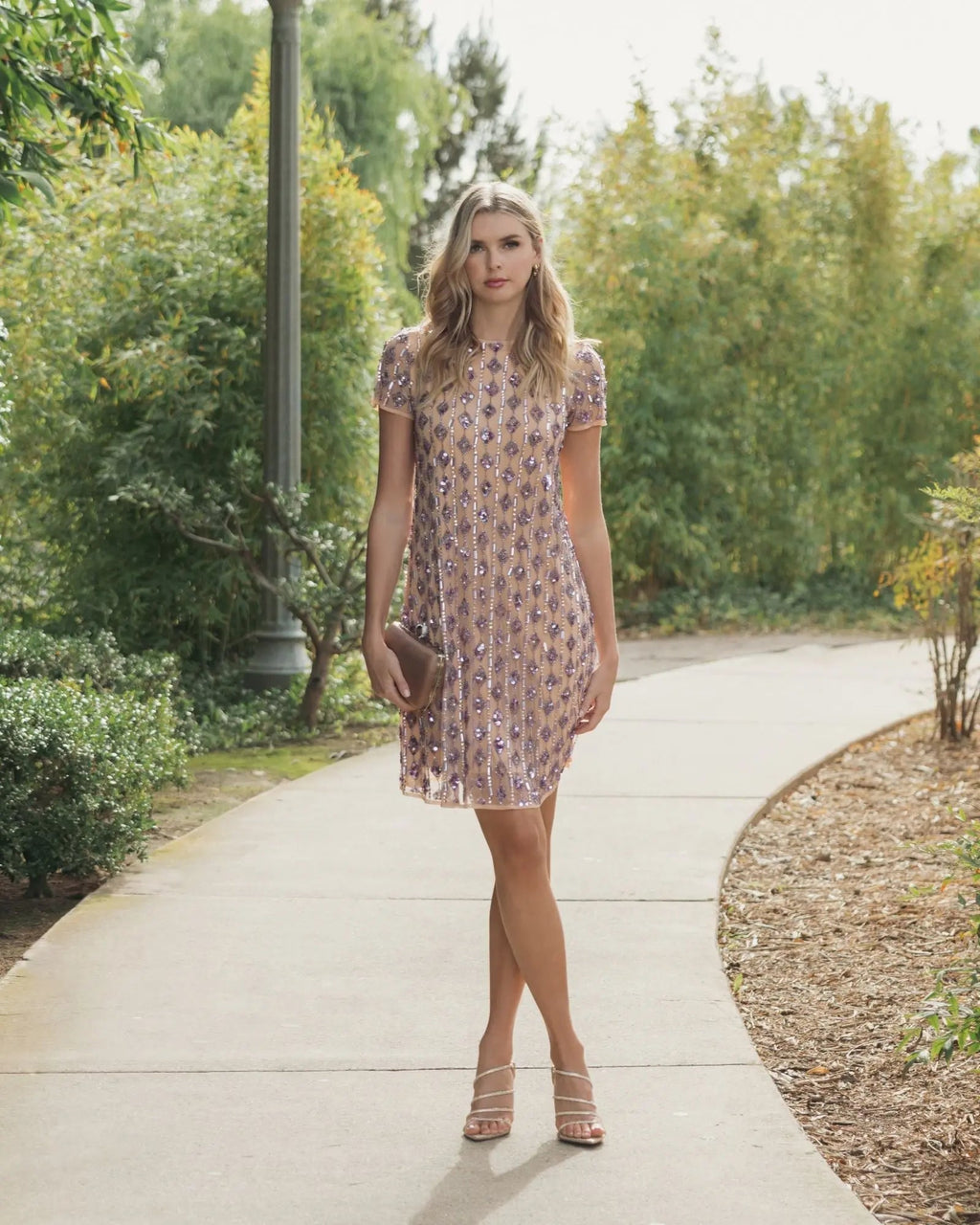 Beige and Purple Short Beaded Shift Dress