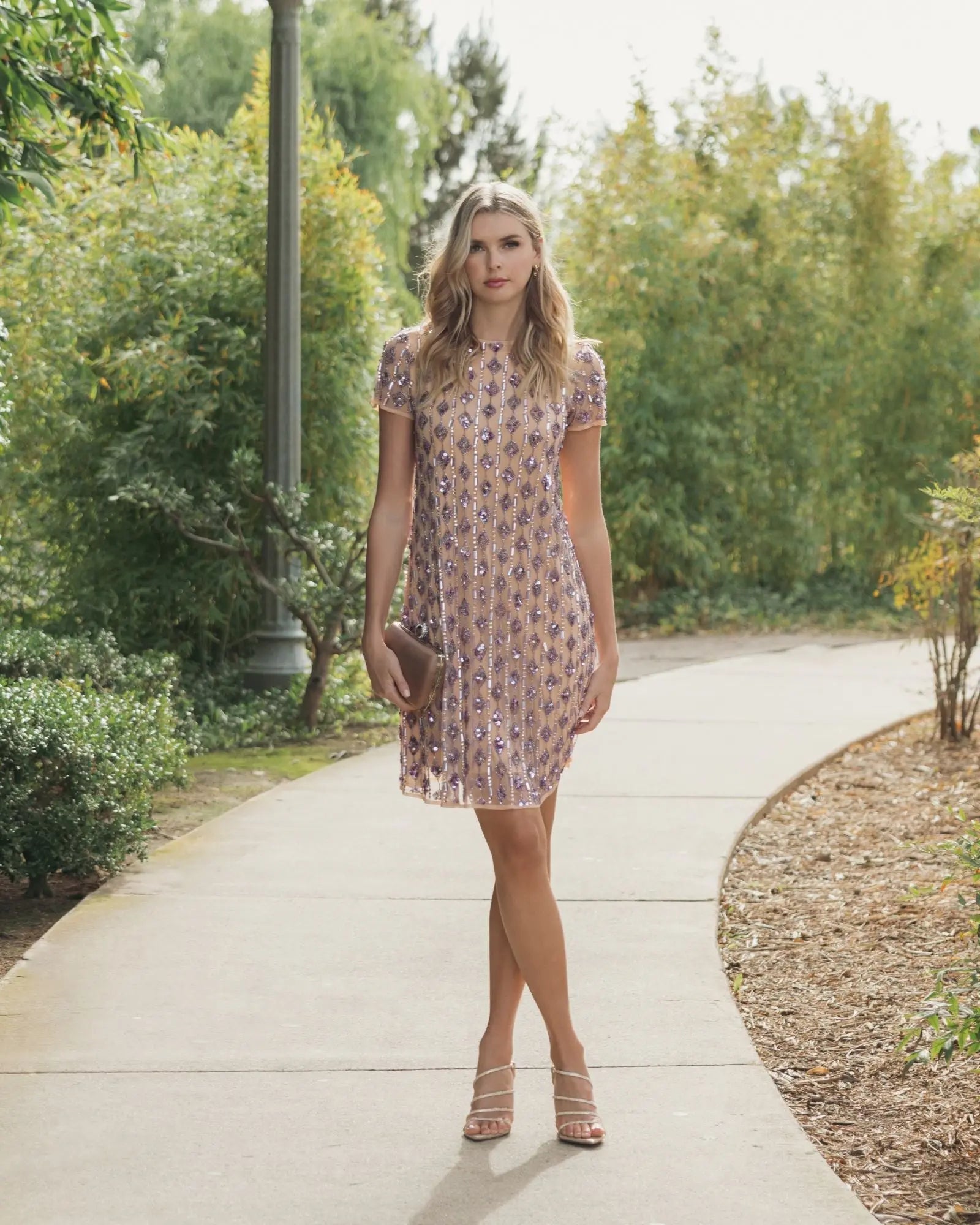 Beige and Purple Short Beaded Shift Dress