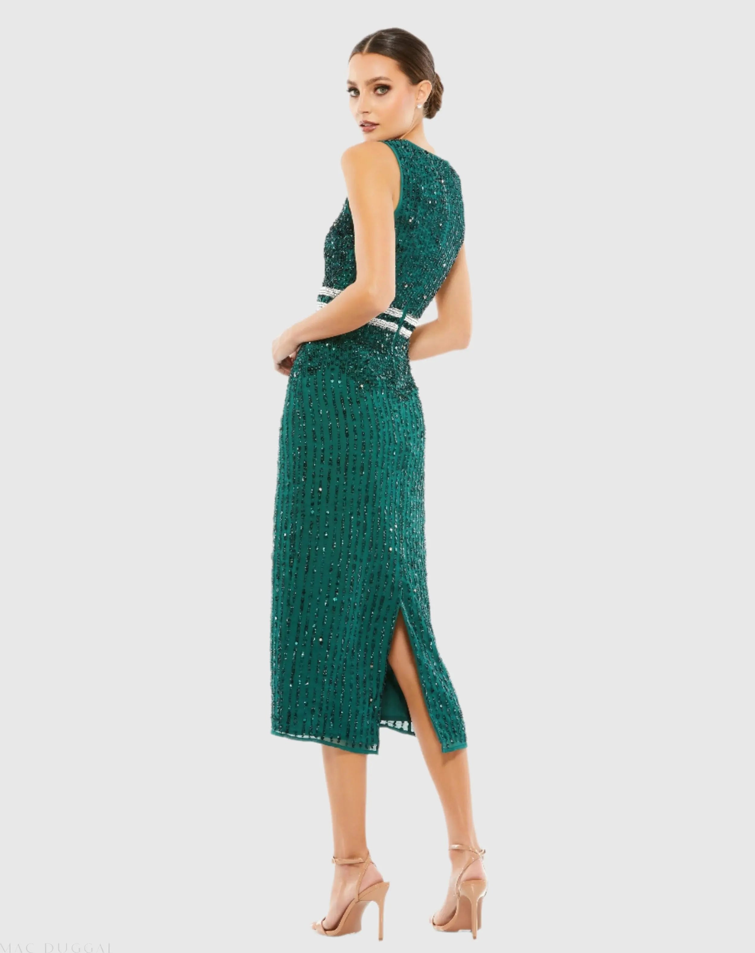 Green Sleeveless High Neck Beaded Midi Sheath Dress - Final Sale