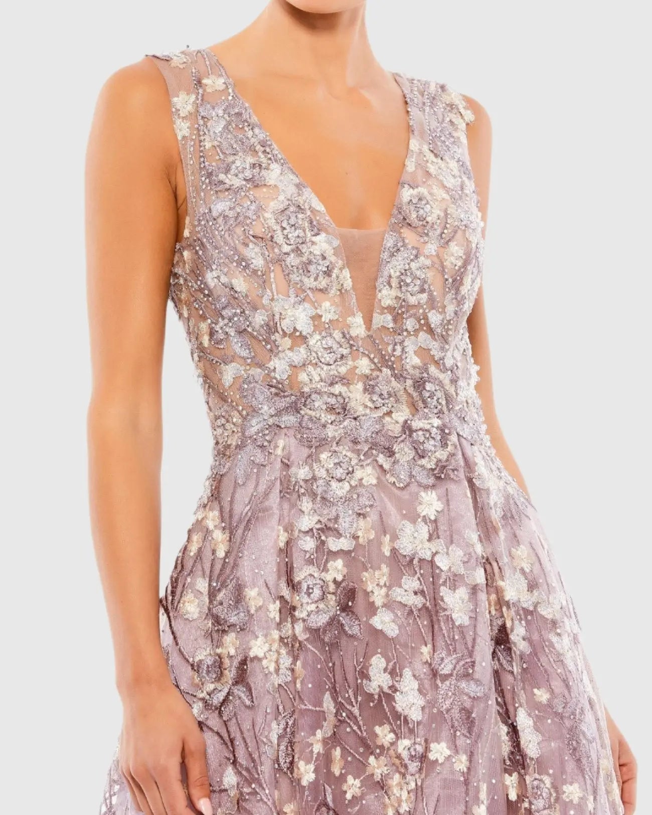 Purple Floral Embroidered Illusion V-Neck Gown