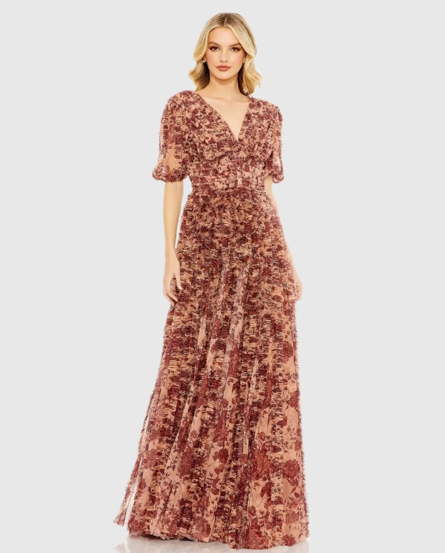 Brown Mesh V-Neck Floral Dress