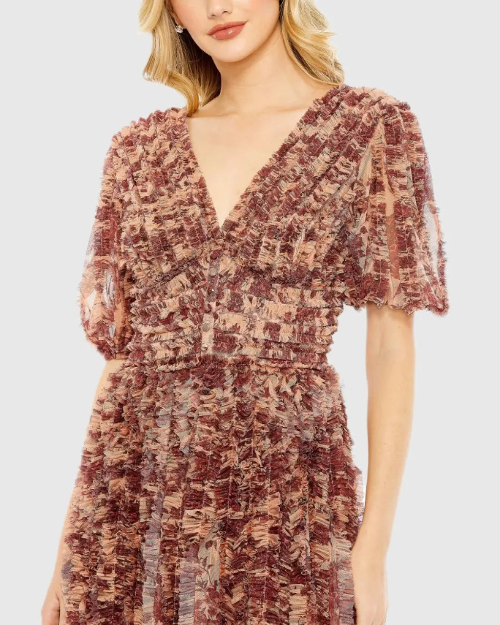 Brown Mesh V-Neck Floral Dress