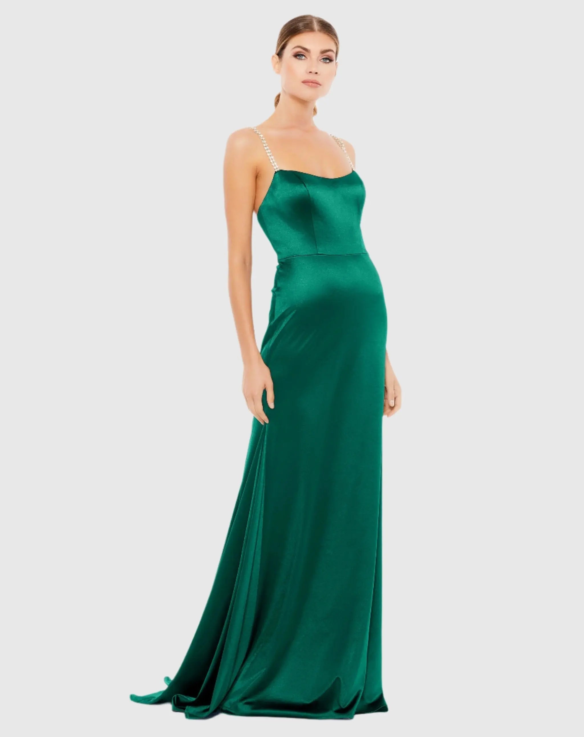 Green Charmeuse Rhinestone Strap Trumpet Gown