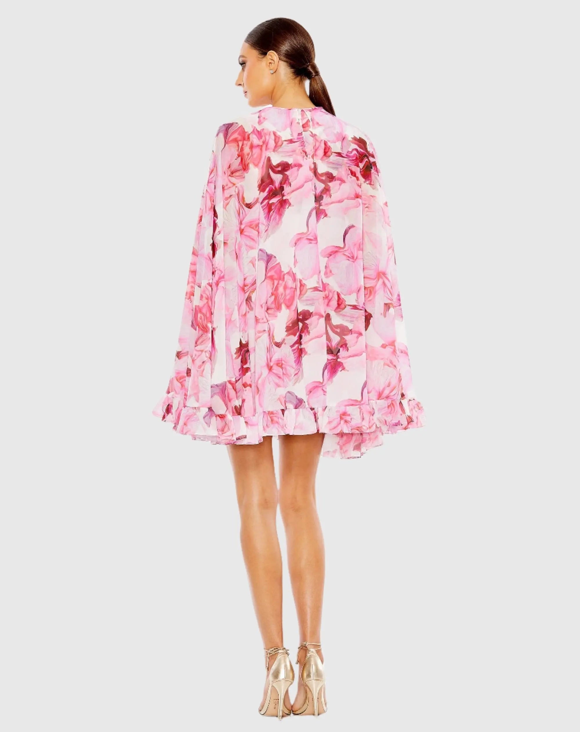 Floral Print High Neck Ruffle Hem Cape Mini Dress