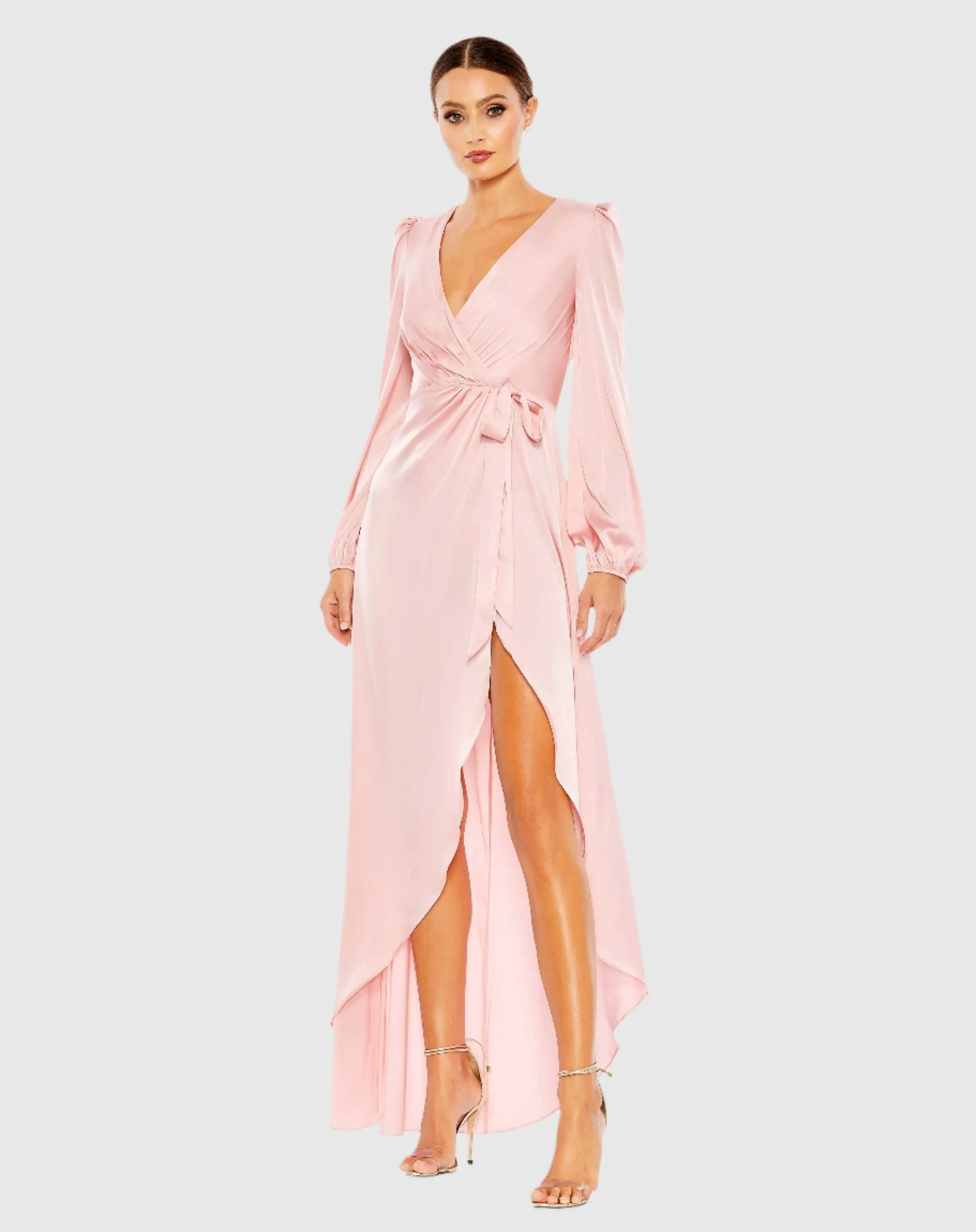 Pink Draped Faux Wrap Puff Long Sleeve Gown