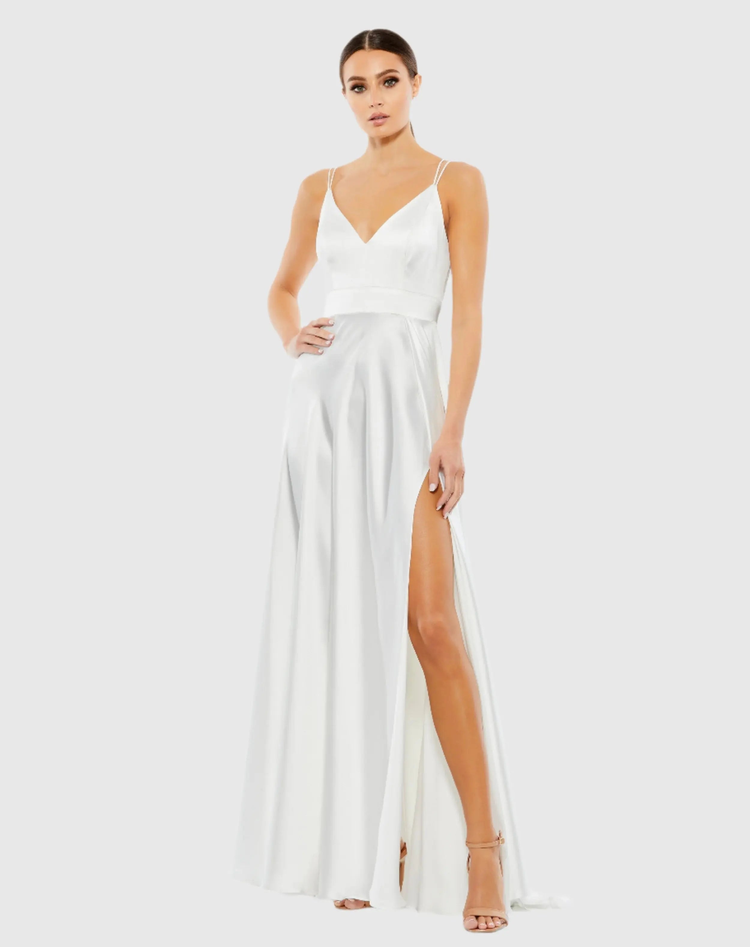 White Satin Strappy-Back High Slit Gown