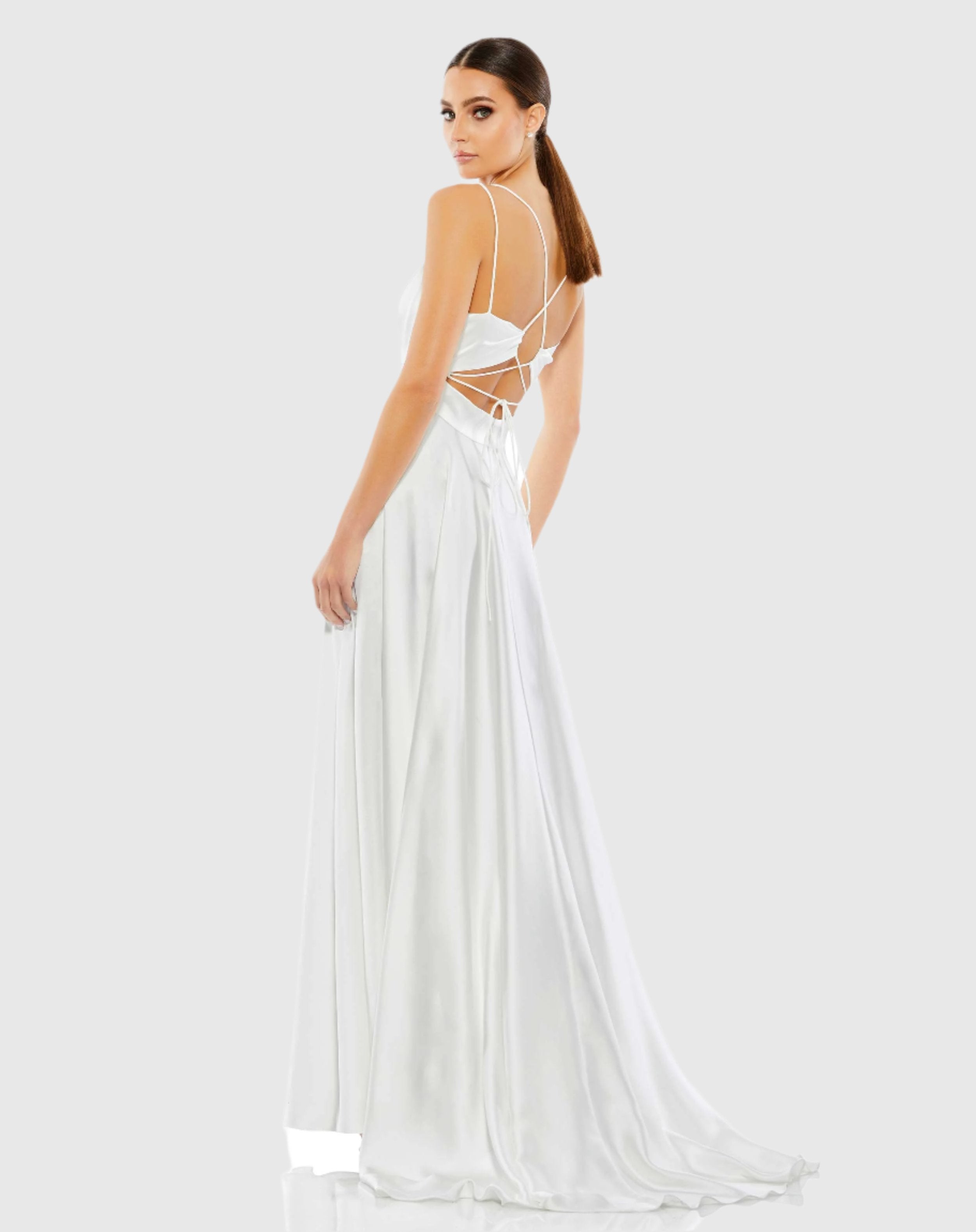 White Satin Strappy-Back High Slit Gown