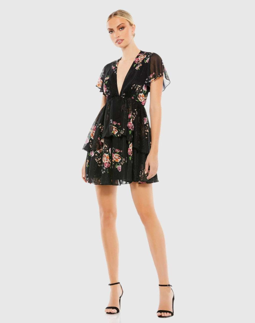 Black Tiered Ruffle Floral Print V Neck Butterfly Sleeve