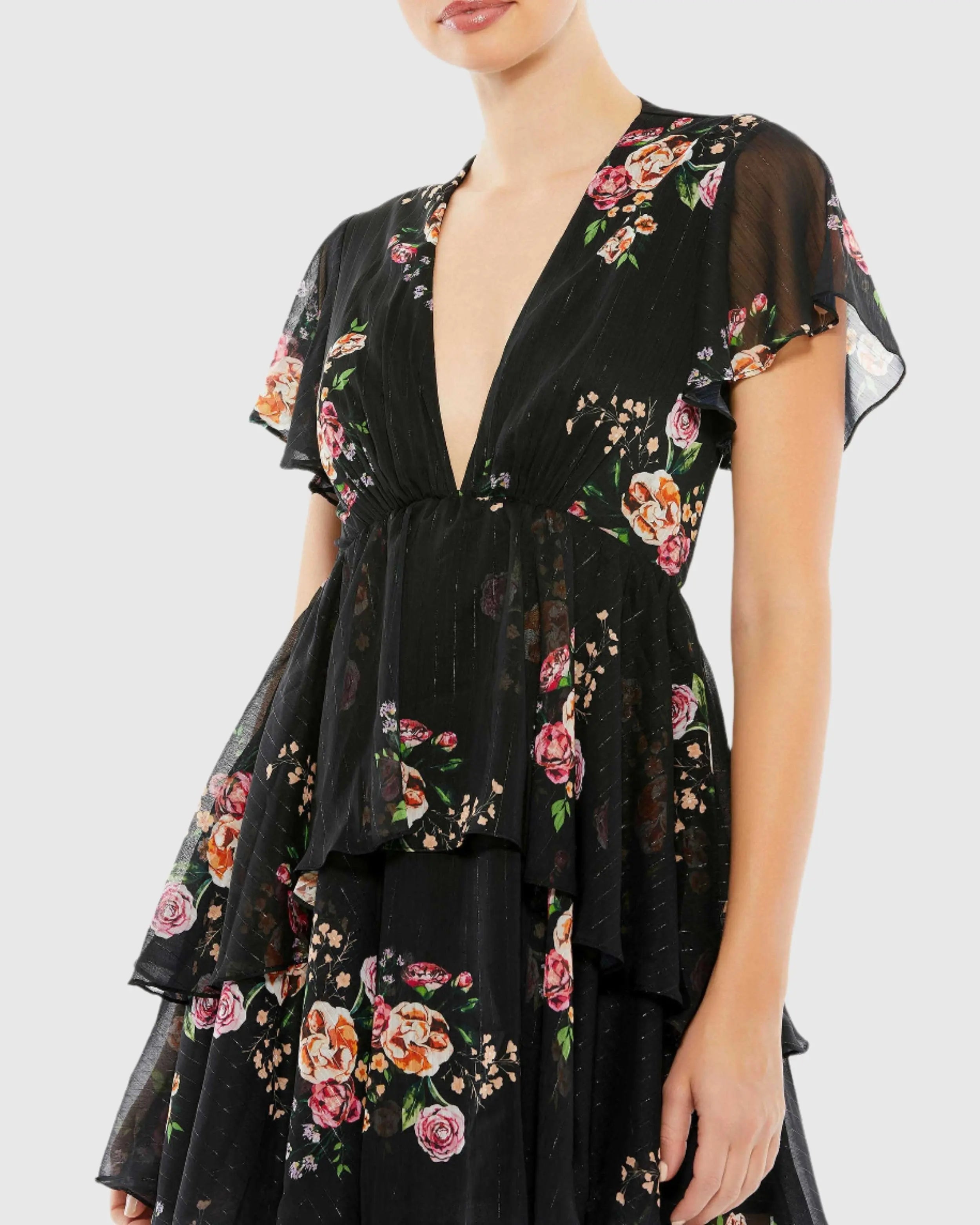 Black Tiered Ruffle Floral Print V Neck Butterfly Sleeve