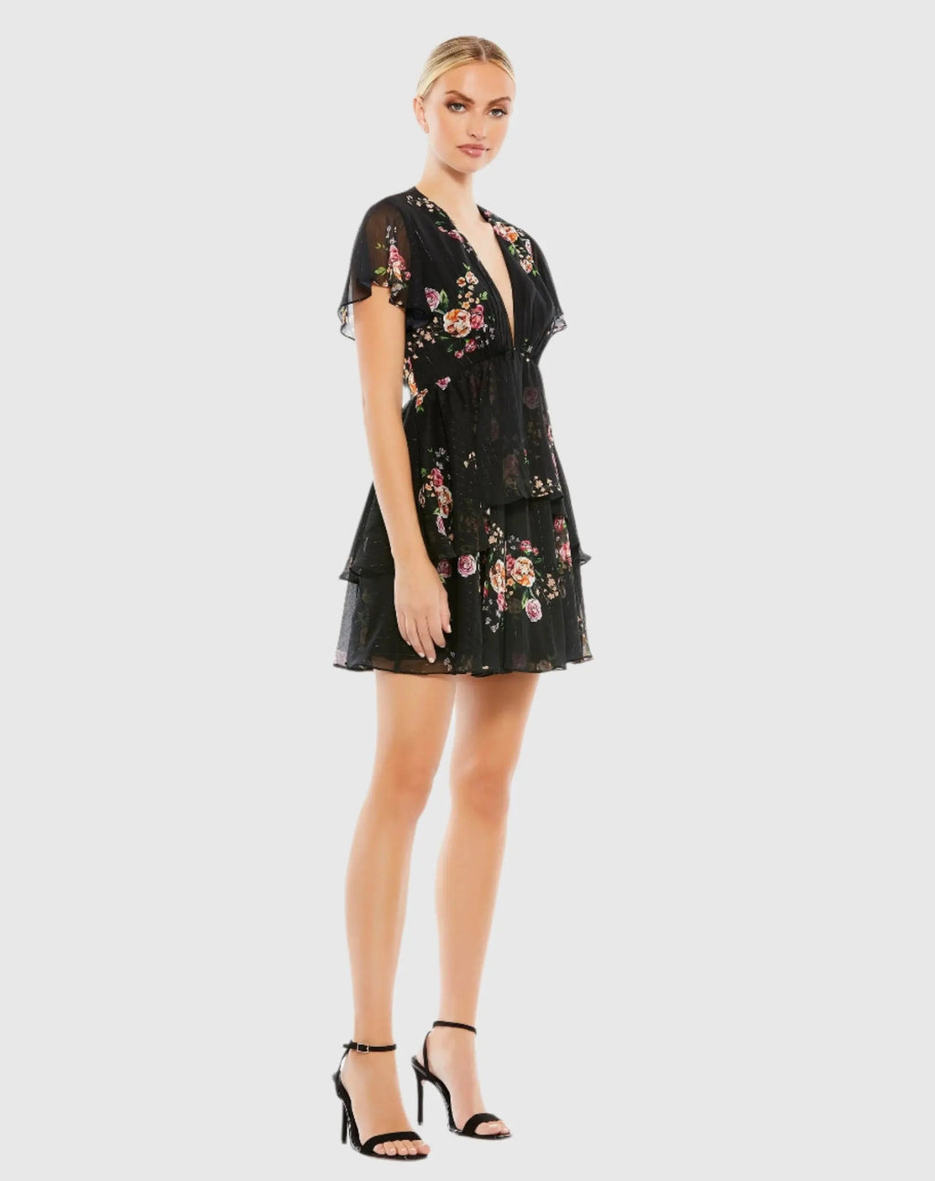 Black Tiered Ruffle Floral Print V Neck Butterfly Sleeve