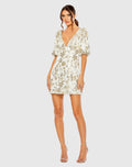 White and Gold Puff Sleeve Deep V Neck Brocade Mini Dress