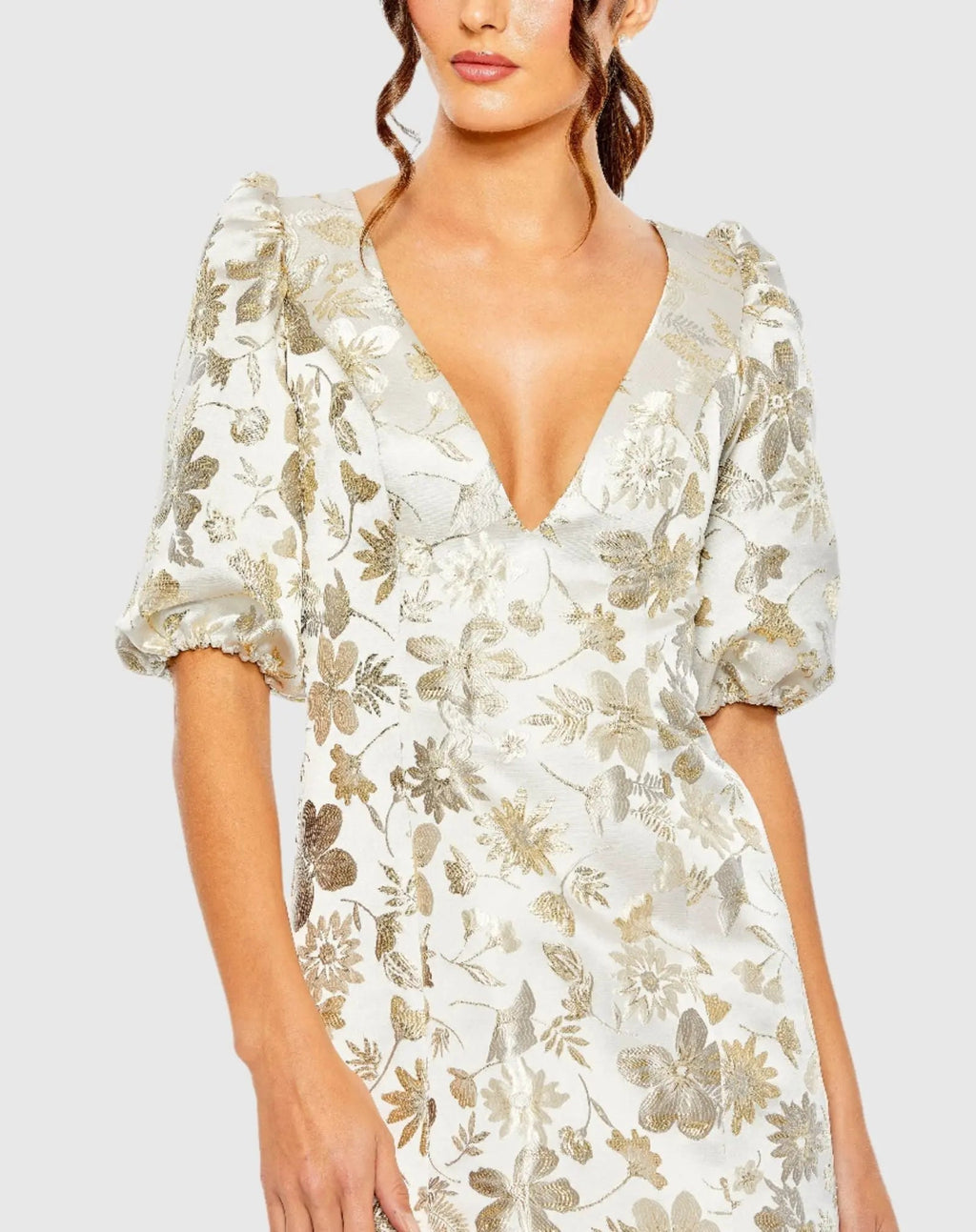 White and Gold Puff Sleeve Deep V Neck Brocade Mini Dress
