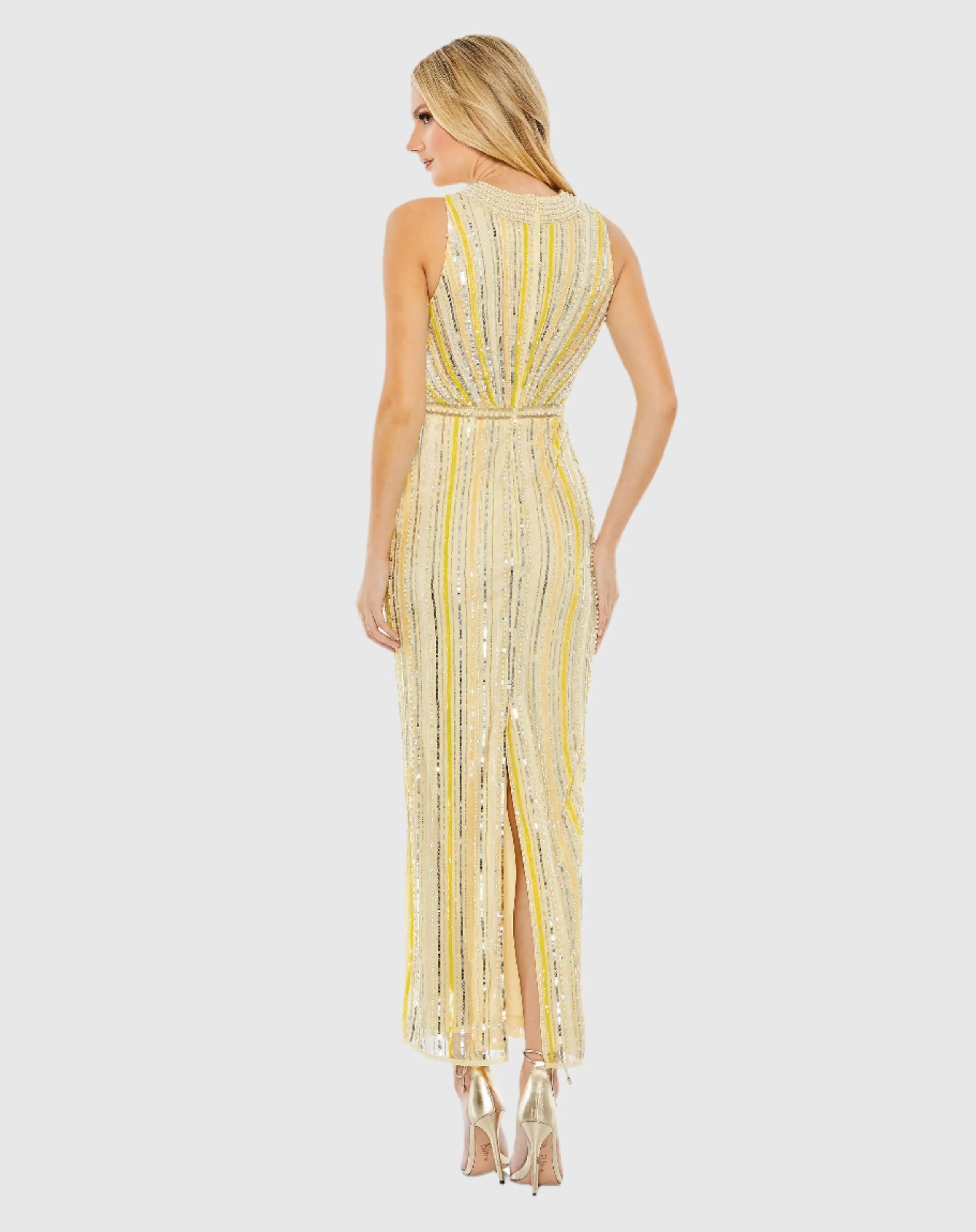 Yellow Embellished Halter Neckline Sheath Dress